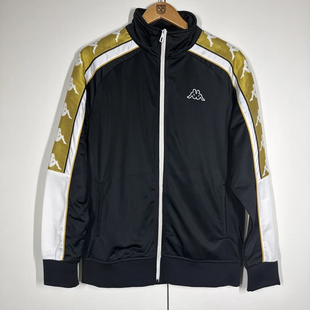 Kappa Men's Sz M Logo Track Soccer Jacket Black Gold White Full Stand Collar Y2K